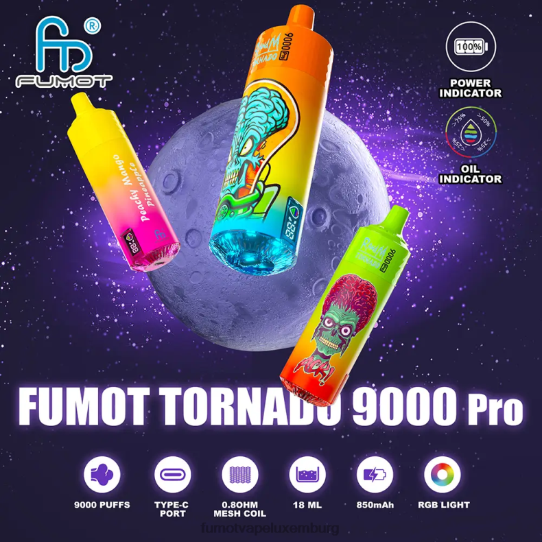 Einweg-Vaporizer 9000 Pro – 18 ml (1 Stück) pfirsichfarbene Mango-Ananas Fumot Tornado BDR6J246 Fumot vape Luxemburg